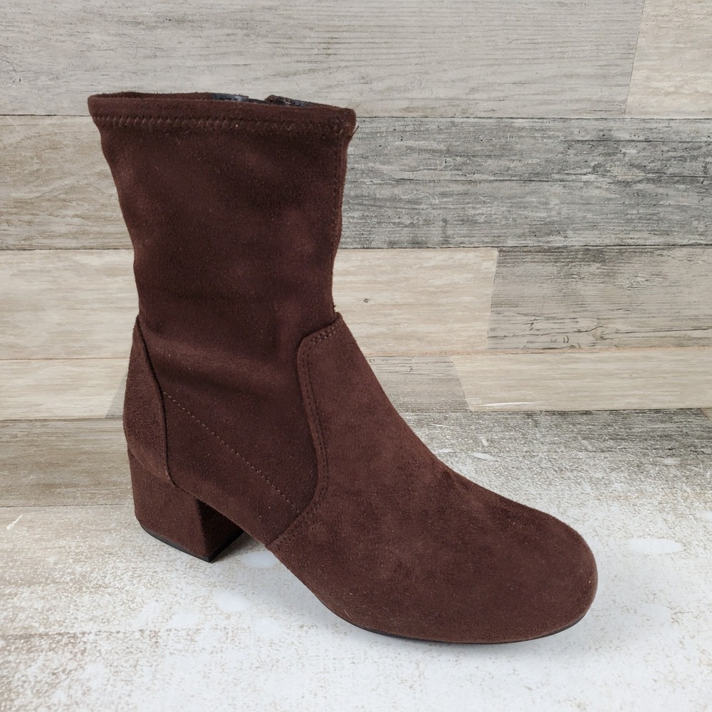 Kenneth Cole Road Stretch Womens Ankle Boot Sz 5 Chocolate Side Zip Block Heel
